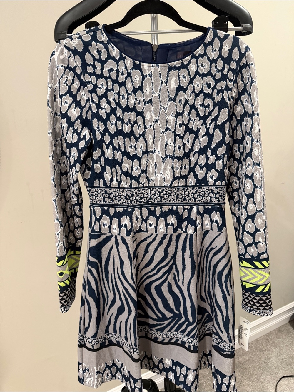 Women Navy and Gray Animal Print Long Sleeve Dress
